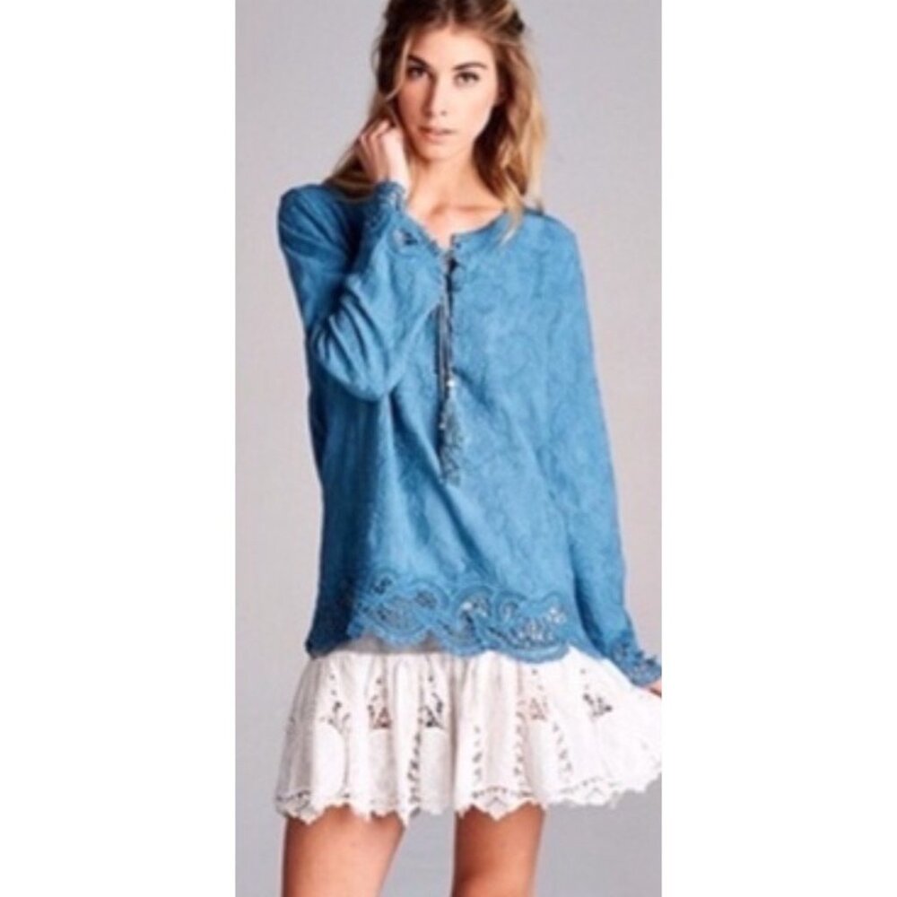 Blue Lace Up Embroidered Crochet Trim Tassel Tunic Top| Coastal Grandma Boho S/M - Picture 3 of 16